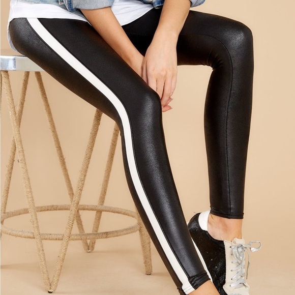 SPANX Faux Leather Leggings Tummy Control With Side Stripe Size M Tuxedo Stripe - Picture 6 of 16